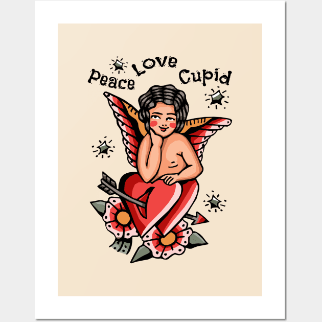 Vintage Cupid Tattoo, Peace and Love Wall Art by KewaleeTee